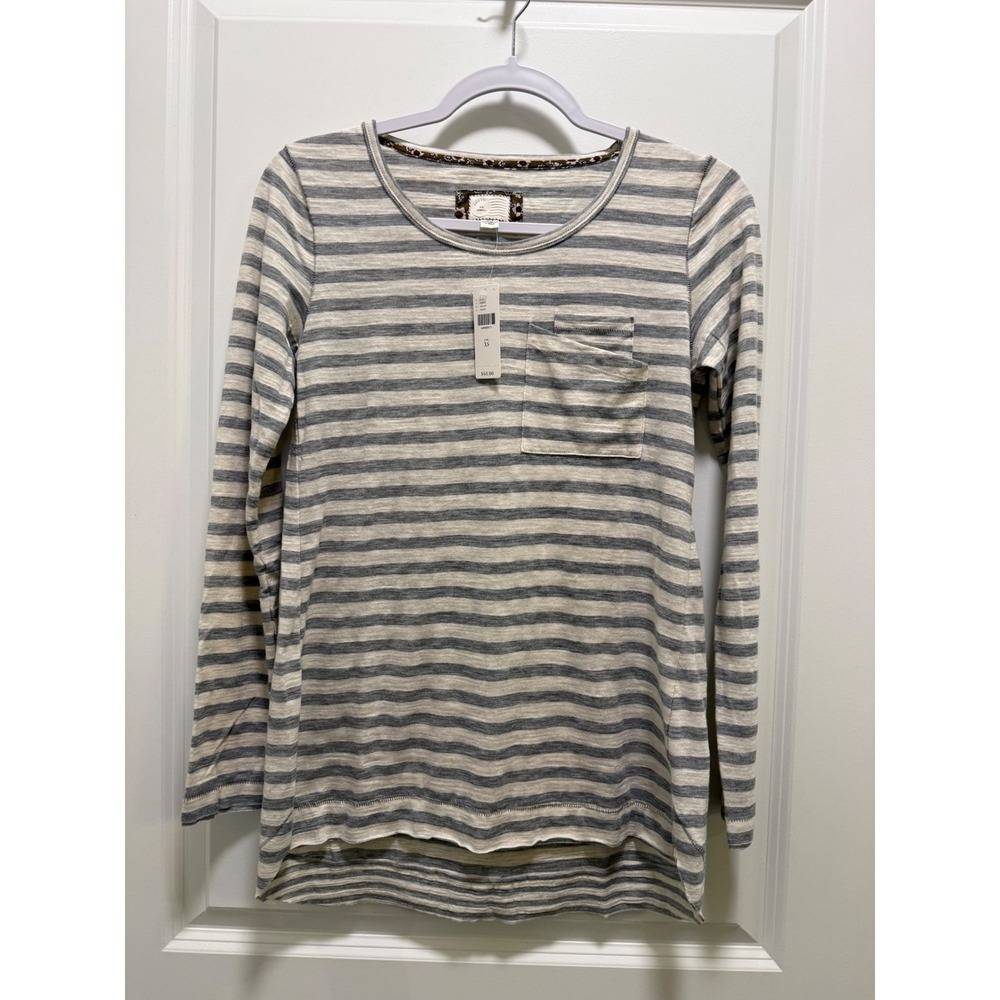 Anthropologie Striped Long Sleeve Pocket Tee Grey White High Low XS NEW